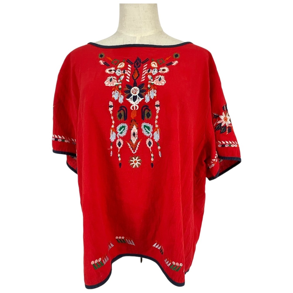 Red Embroidered Aztec‎ Boho Tunic Top 4XL Short Sleeve Lagenlook